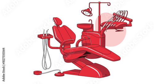 Modern red dental chair with an examination light, sink, various dental tools, and foot pedals, set against a simple white background.