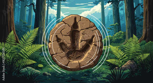 A vibrant pixel art illustration of a fossilized dinosaur footprint with concentric rings, nestled in a lush prehistoric forest.