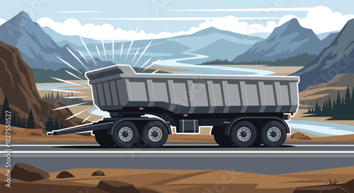 A shining grey dump trailer travels along a road through a scenic, pixelated mountainous landscape with a winding river.