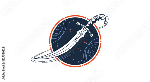 A stylized illustration of an ornate, curved sword, reminiscent of a scimitar, set within a dark cosmic sphere with an orange planetary ring.