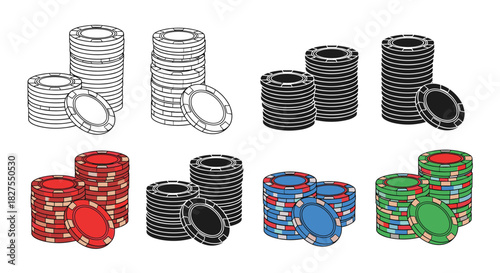 A collection of poker chip illustrations featuring outline, monochrome, and vibrant red, blue, and green color variations in neat stacks.