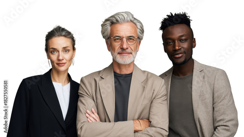 Leadership Trio: Portrait of three accomplished business individuals, radiating confidence and experience, stand shoulder-to-shoulder, embodying leadership and collaboration.