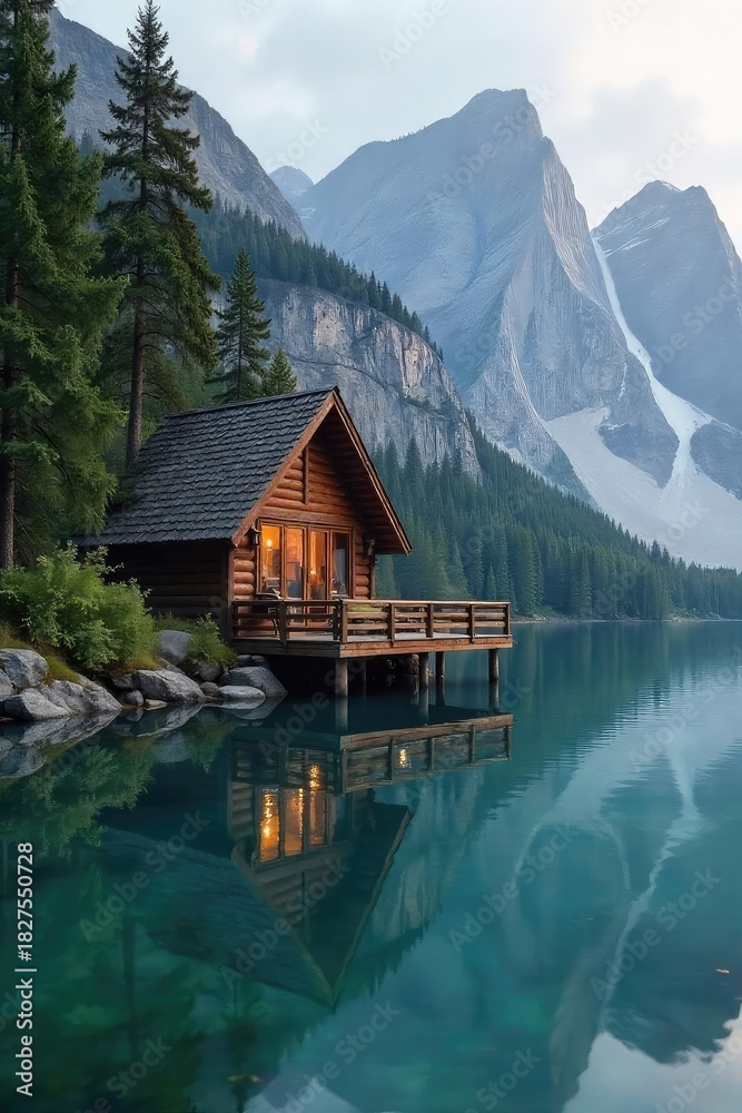 Fototapeta premium A tranquil lakeside cabin, perfectly secluded for a restful holiday getaway Imagine unwinding amidst nature's serenity, far from the everyday hustle The perfect escape awaits , relaxation, autumn