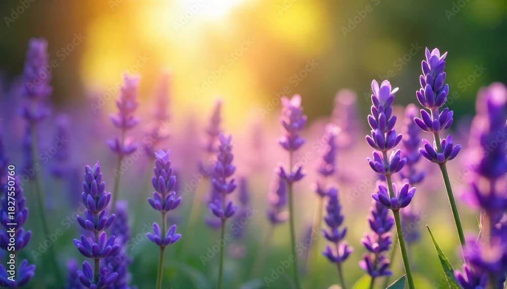 Obraz premium A tranquil scene of lavender flowers bathed in soft sunlight, evoking peace and serenity; perfect for meditation, yoga, or spiritual practices , spa, spirituality