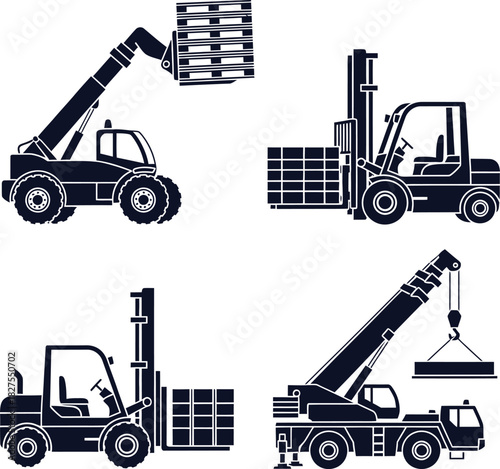 Four dark blue construction and lifting vehicles with pallets and cargo forklift telehandler