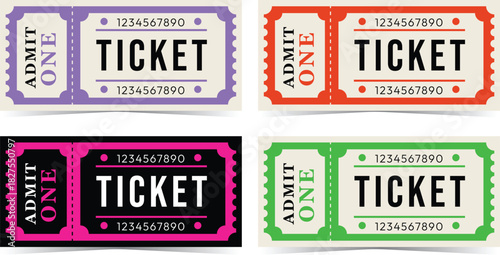  Ticket templates set. Admit one ticket designs vector illustration.
