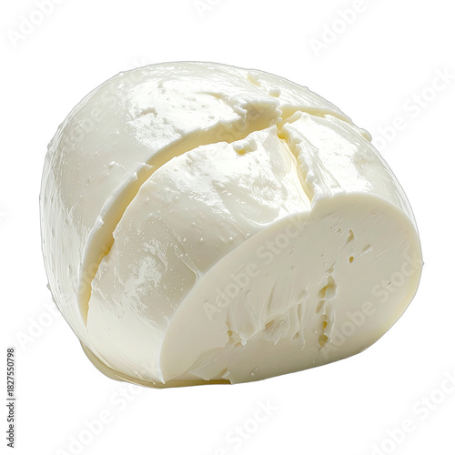 A large, fresh ball of white mozzarella cheese against a solid black background.