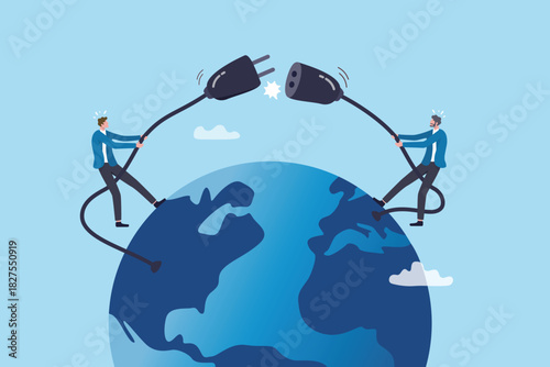 Deglobalization trade war or tariff policy crisis, trade barrier to disconnect countries import export, supply chain alliance network, businessman disconnect plug metaphor of deglobalization tariff.