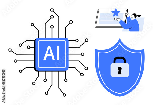 AI chip with circuits, shield with a padlock for data protection, and person evaluating certification. Ideal for technology, innovation, data privacy, cybersecurity, education, accreditation future