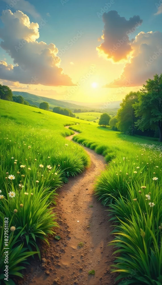 Fototapeta premium A winding path through a lush green meadow, leading towards a distant, sunlit horizon, symbolizes the journey of a family through life's stages , journey, legacy, perspective