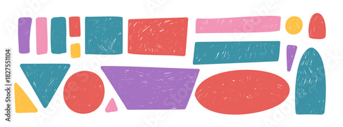 Set of crayon red, blue geometric shape set. Irregular childish frames pack. Texboxes in arch, lines highlight, circle and square forms. Vector hand drawn quotation crayon geometry sticker shape.