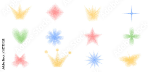 Icons y2k shapes with noise grain vibrant gradient. Gradation halftone illustration of butterfly, crown, flower and heart with star dot pattern. Vector spray paint twinkle, floral symbols illustration