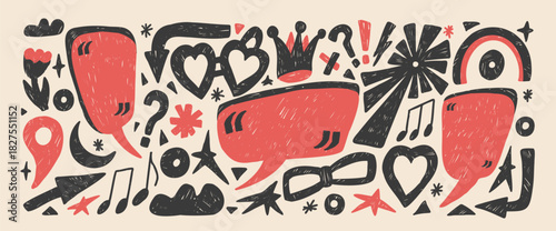 Funky doodle crayon shapes. Frame text box crayon design messages. Callout clouds and quotation marks sticker with music note, heart. Hand drawn doodles in red and black colors isolated on beige bg.