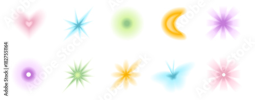 Transparent gradient blur heart, star shapes. Aura soft blur effect and Y2K aesthetic figures. Geometric elements with mesh transitions, aura butterfly for modern poster design, social media graphics.