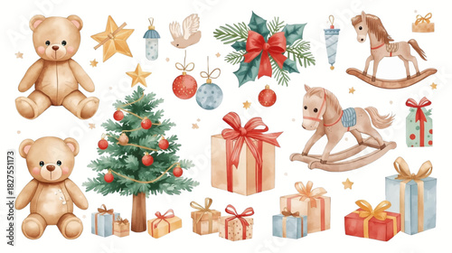 Watercolor illustration of Christmas elements, including teddy bears, gifts, tree, ornaments, and rocking horses, perfect for holiday designs.