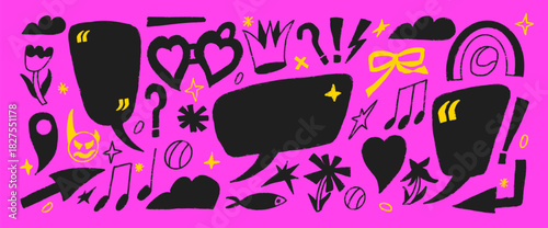 Punk speech bubbles and crayon quote frames with a girly touch. Hand drawn clouds, hearts, and tiny marks for vivid notes or love messages. Naive doodle tag collage in pink and black with emo charm.