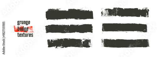 Grunge badges textures. Straight black wide lines. Calligraphy brush strokes with rough edges. Vector thick printmaking streaks. Bold grunge long design elements. Gritty textured promo highlights.