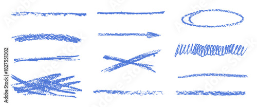 Blue crayon pencil underlines. Brush stroke texture chalk strikethrough hand pen drawn highlight for playful text compositions. Vector scribble element set for freehand illustration on transparent bg.