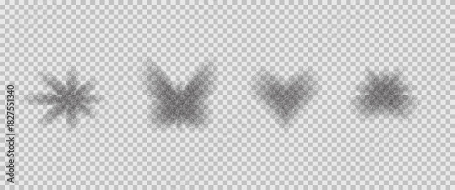 Shadow spray noise gradient icon figures. Grain gradation flower and heart dot airbrush spray shapes. Butterfly form transition. Vector transparent dots retro figures isolated on checkerboard backdrop