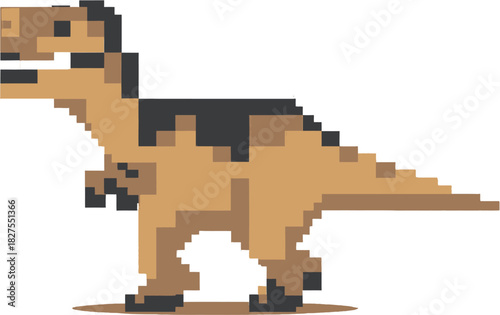 A pixelated Tyrannosaurus Rex illustration walks across the frame, showcasing a retro, digital art style with a simple, colorful design.