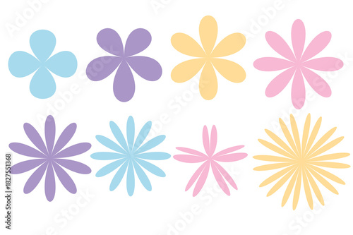 Set of colorful flowers.Modern trendy abstract minimalist basic element shapes.Brutalist geometric shapes.Symbol of floral design.Daisy, rose and chamomile petals.Flat design.Vector illustration.