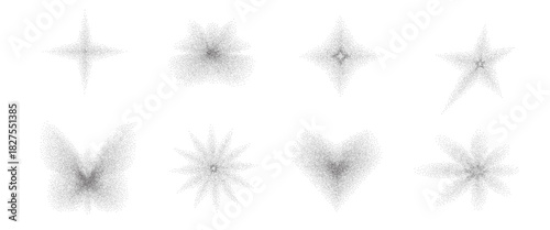 Grain spray radial gradient y2k shapes. Dot noise gradation flowers, star, butterfly, heart. Y2k retro stippling forms. Butterflies, daisy spray icons isolated. Vector black grainy grunge shapes.