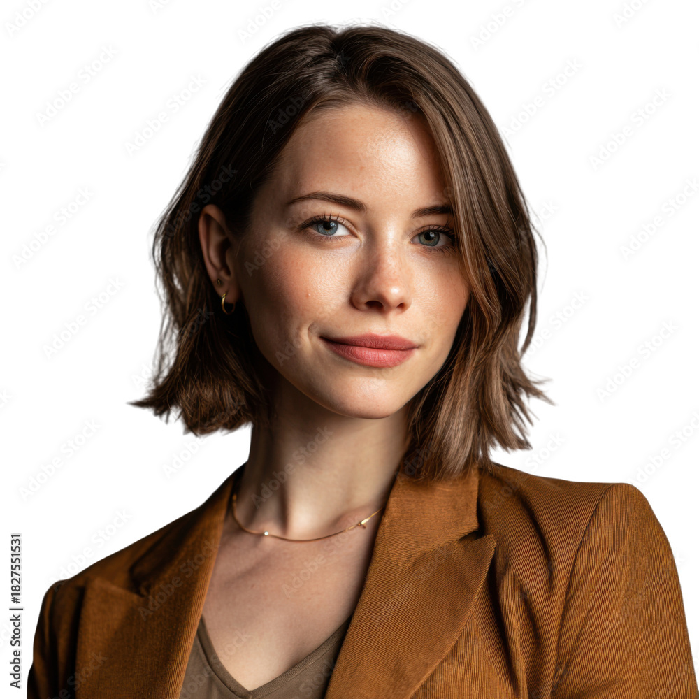 Fototapeta premium Confident Woman's Portrait: Captivating headshot of a poised woman exudes confidence and approachability, exuding warmth and charm in a professional context.