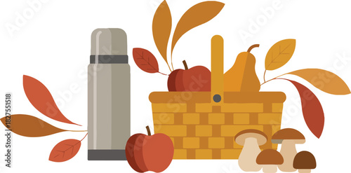 Autumn picnic basket with thermos flask apples and forest mushrooms surrounded by leaves pixel art vector illustration for camping design