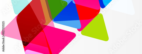 Abstract colorful triangles overlap, creating dynamic composition. Bright hues dominate white background. Modern design element.