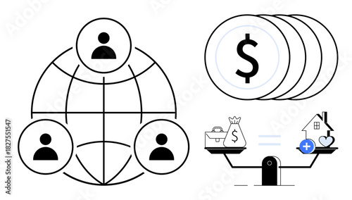 Financial balance concept. Financial symbols thumbs up currency, scales, and equity highlight global transactions. Financial balance in personal wealth, investments, and global trade. For fintech
