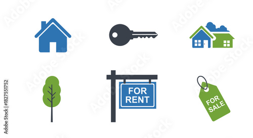 Real estate icons representing house, key, for rent and for sale