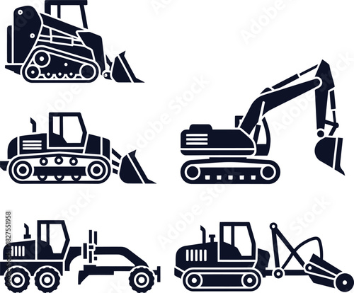 Group of Construction and Earthmoving Machinery Silhouettes Keywords: bulldozer, excavator, grader, skid steer loader, construction