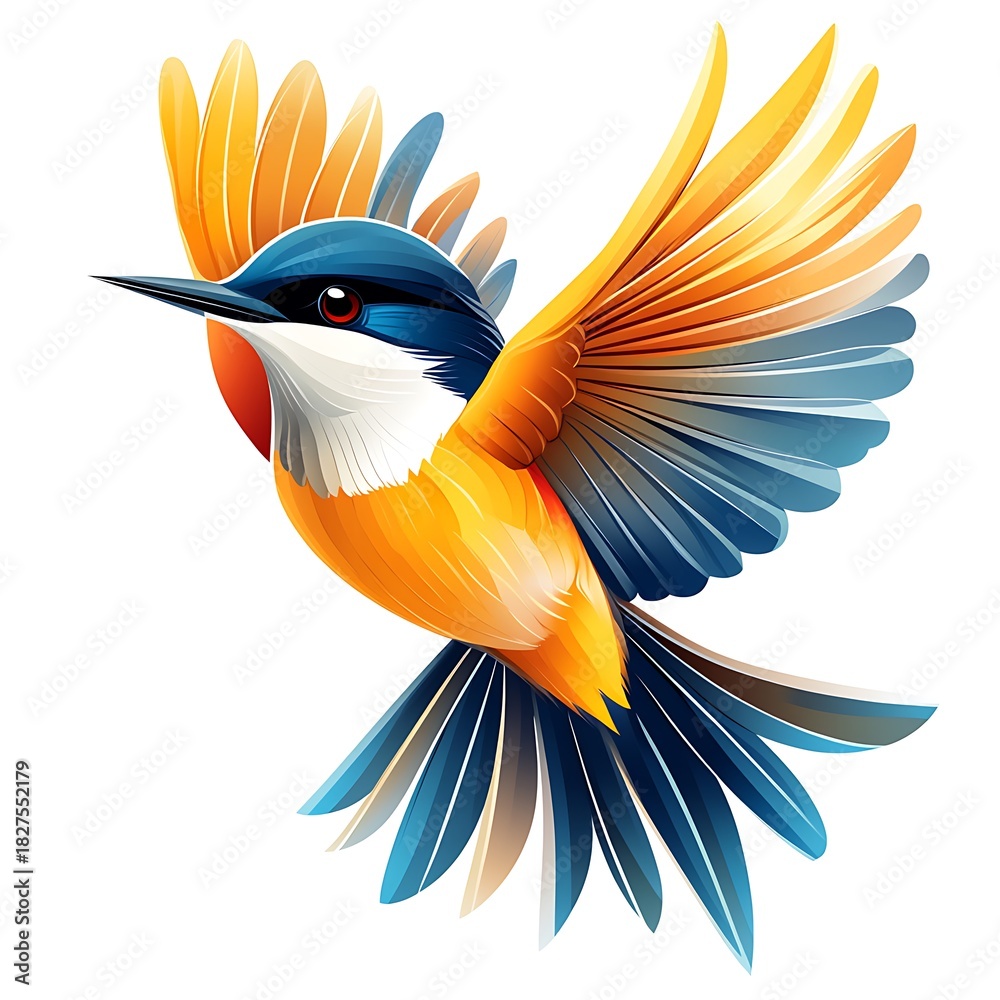 Fototapeta premium Flying kingfisher bird with spread wings and vibrant colors on photo white background wings spread