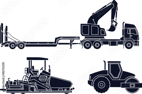 Group of Silhouette Construction and Road Building Vehicles Keywords: construction, excavator, truck, trailer, road roller, asphalt