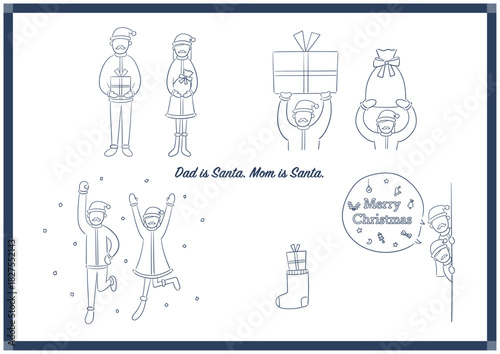 手描き風パパサンタ・ママサンタのクリスマス線画セット