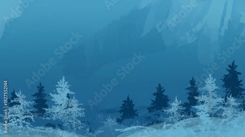 A serene winter landscape painting captures snow-covered evergreen trees and distant mountains under a cool, blue sky, evoking a sense of tranquility.