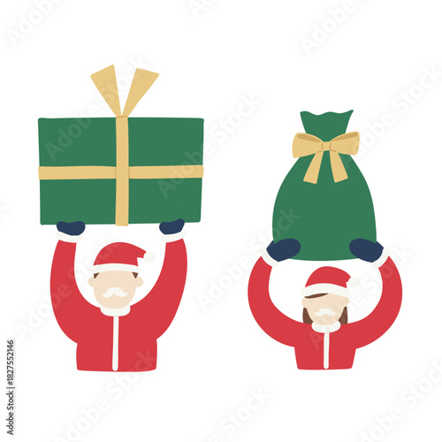 パパサンタ・ママサンタが大きなプレゼントを掲げるイラスト