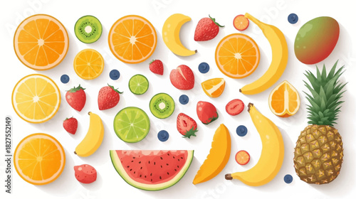 A vibrant assortment of various fresh fruits, including oranges, strawberries, bananas, kiwi, and pineapple, arranged on a white background.