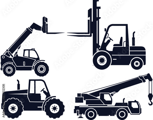 Group of Silhouettes of Industrial Forklifts and Lifting Machines telehandler telescopic handler