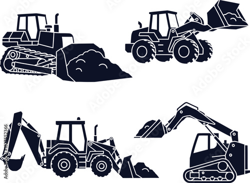 Heavy Construction Equipment Silhouettes with Buckets and Blades vehicle machinery