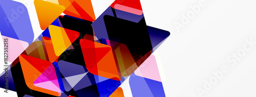 Abstract geometric shapes overlap, creating vibrant color contrasts. Composition emphasizes dynamic movement, modern design.