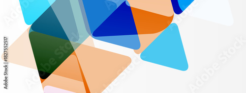 Abstract geometric shapes overlap. Blue, orange, green hues dominate composition. Minimalist design, clean aesthetic. Modern visual elements present.