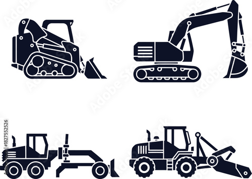 Heavy Construction Machinery Set Skid Steer Excavator Grader and Loader Keywords: construction, skid steer, excavator, grader