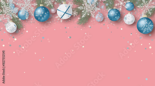 A festive Christmas background with ornaments, snowflakes, and spruce branches on a soft pink surface, perfect for holiday designs.