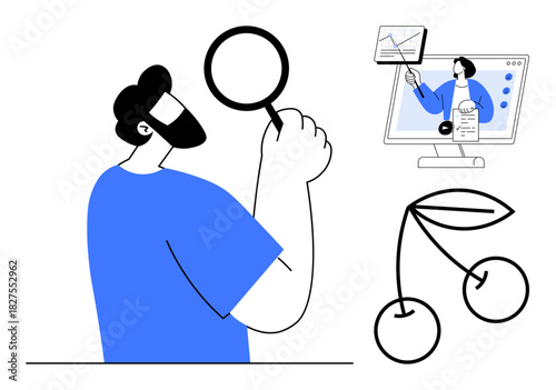 Data analysis concept. A man inspects with a magnifying glass, a virtual presentation highlights progress, and cherries growth. Data analysis for business, education, apps, marketing, strategy