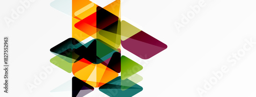 Abstract geometric shapes overlap, creating vibrant color blends. Composition features transparency, layering, modern design elements.