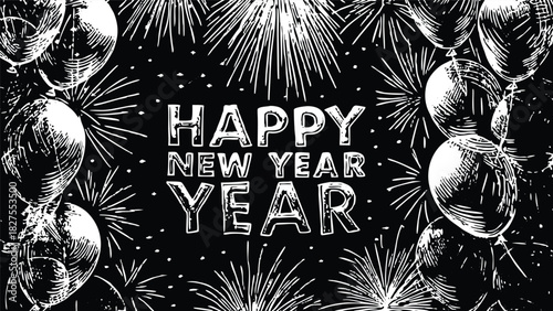 Happy new year celebration with fireworks and balloons black and white