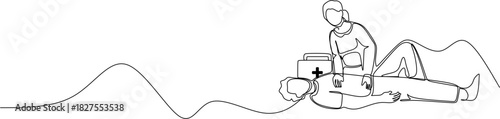 Continuous line drawing. First aid medical procedures, paramedics with patient. Vector illustration.