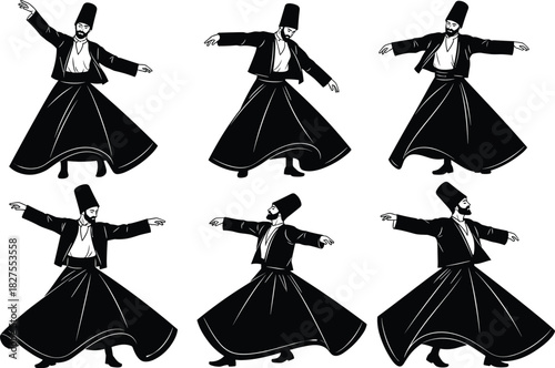 Whirling Dervishes performing Sufi dance in traditional attire, symbolizing spiritual devotion, motion, and divine connection through sacred meditation.