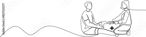 Continuous line drawing. First aid medical procedures, paramedics with patient. Vector illustration.